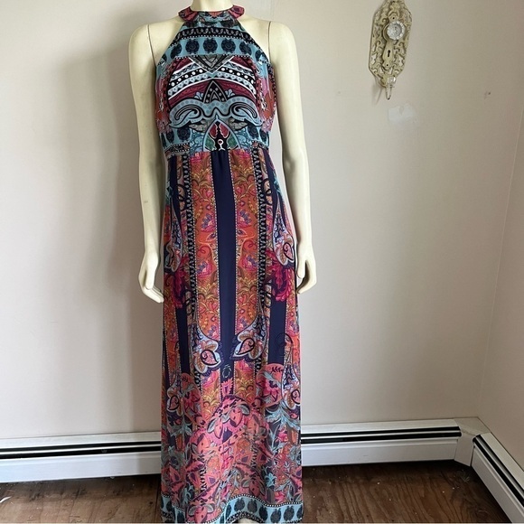 Nwt Sobe Boutique Women’s Halter Sleeveless Boho Maxi Dress Multi Color M - Picture 1 of 16